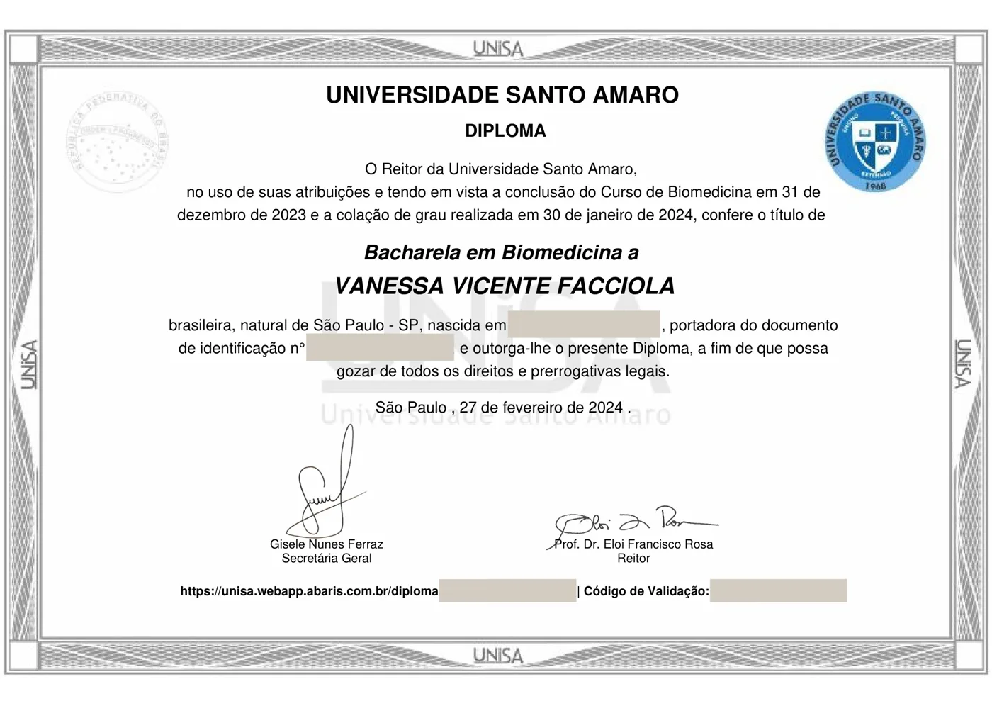 Diploma de Bacharelado em Biomedicina expedido pela Universidade Santo Amaro