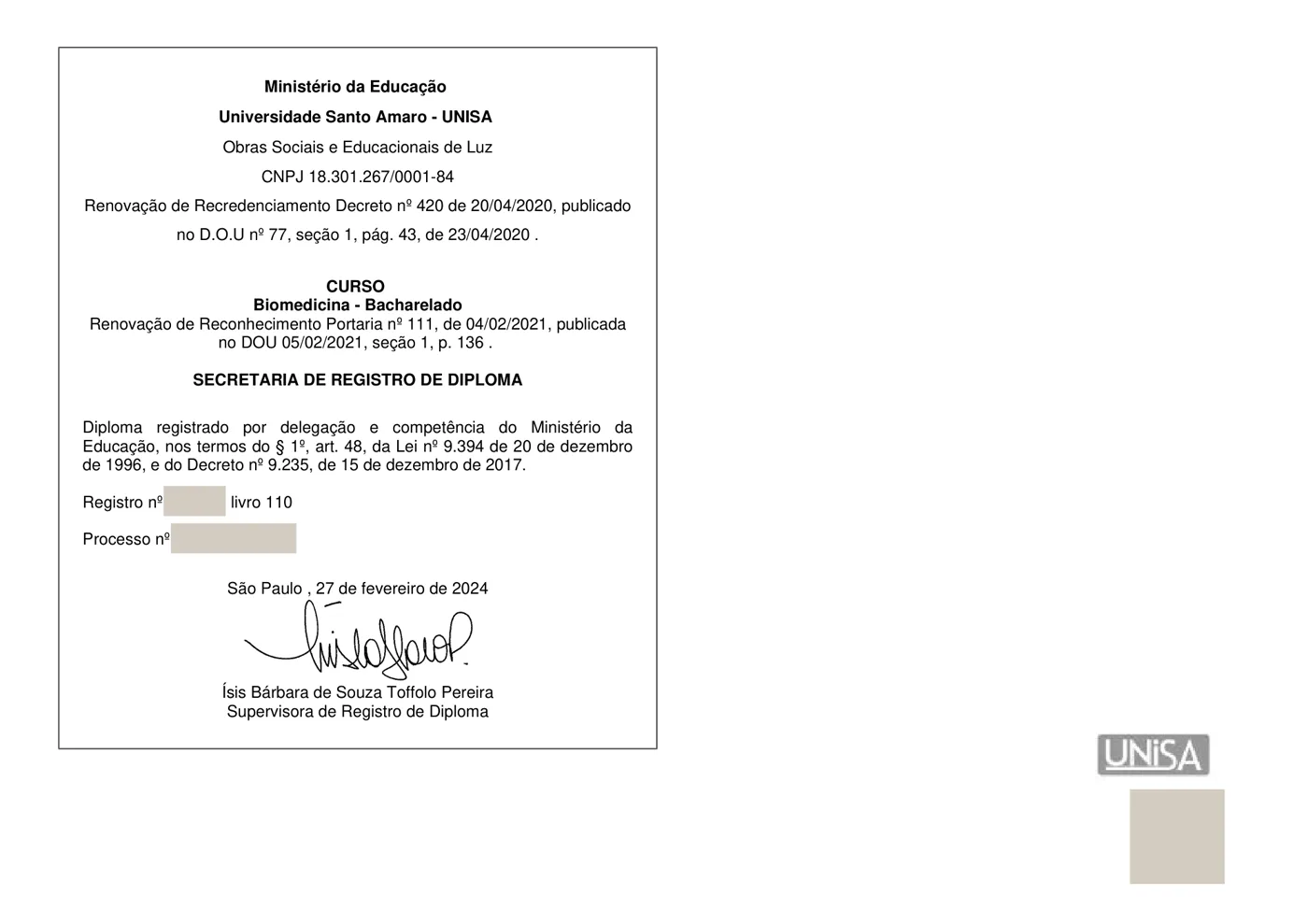 Verso do diploma: registro no Ministério da Educação e reconhecimento do curso